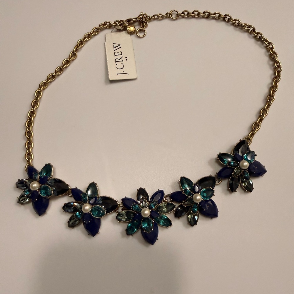 J. Crew Gold Necklace with Blue and Green Floral Design
